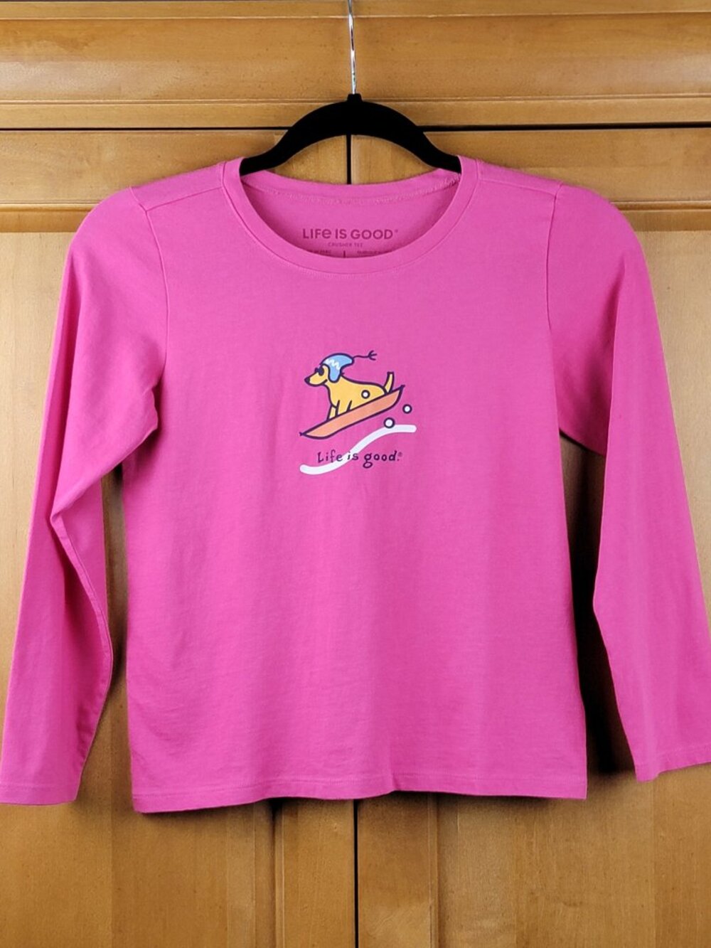 Life Is Good Hot Pink Dog On Sled Long Sleeve Tee - Girls L (10)